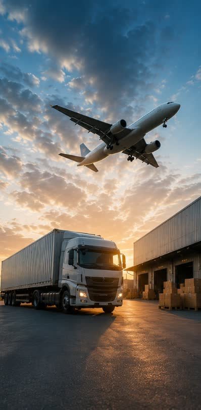 Freight aircraft overhead and a container truck at a warehouse dock