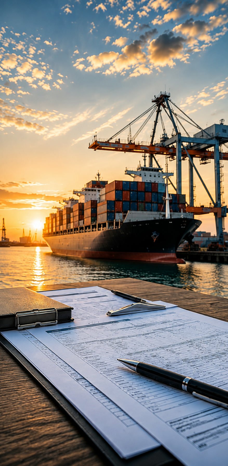 Shipping paperwork on a clipboard with a containership loading behind