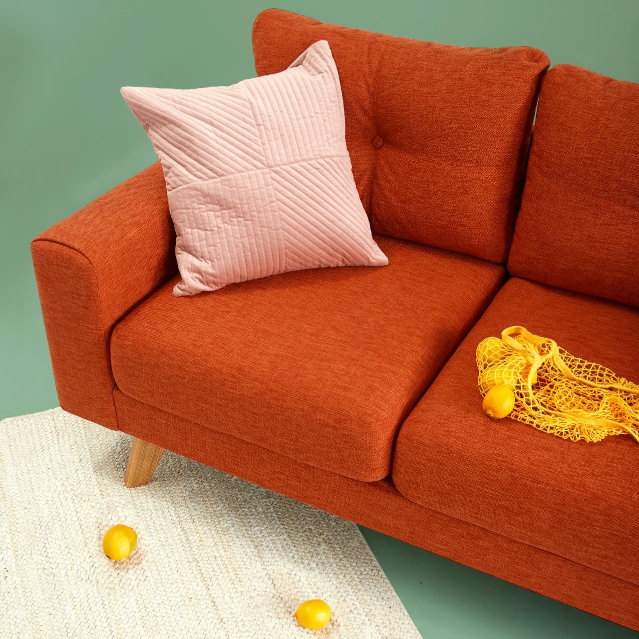 Upholstered seating arranged in a finished interior