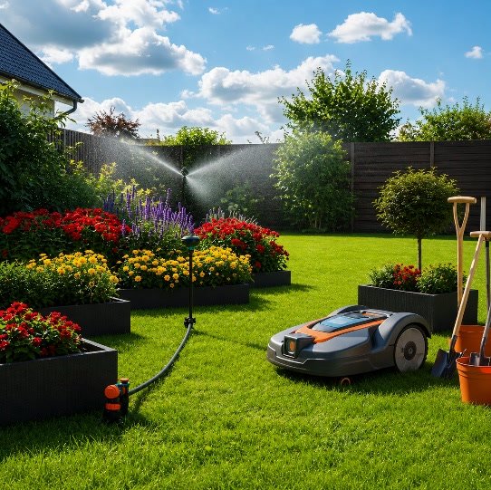 A planted garden with a robotic mower and sprinkler running