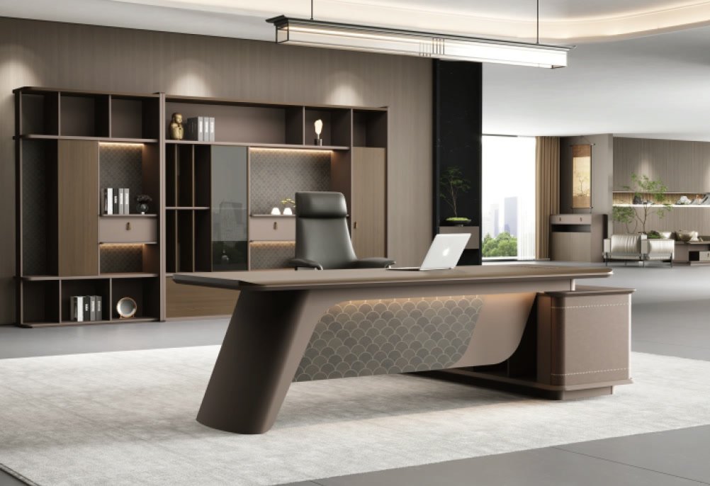An executive desk and shelving in a finished office