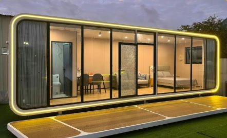 A modular container home lit at dusk