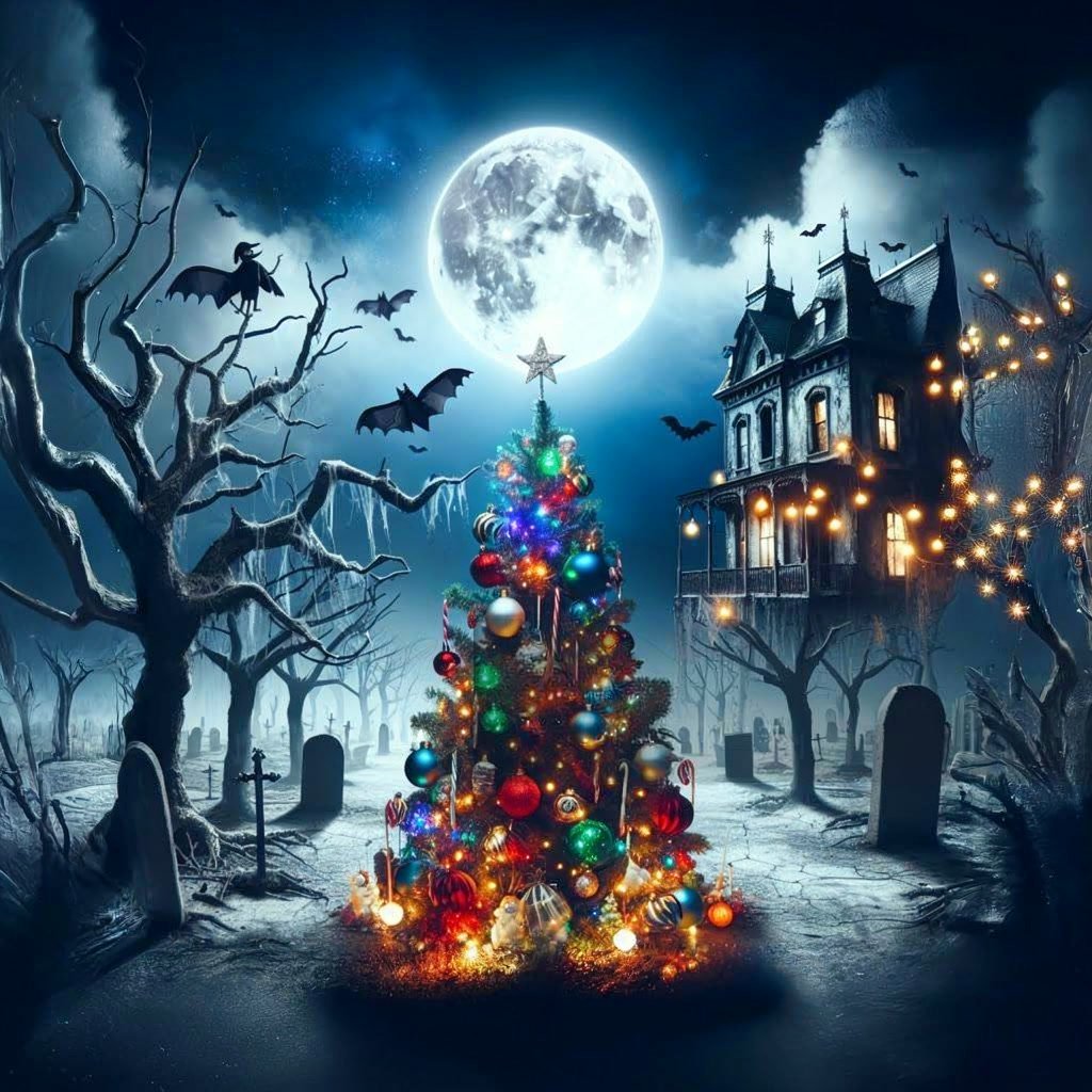 A lit Christmas tree standing in a moonlit winter scene