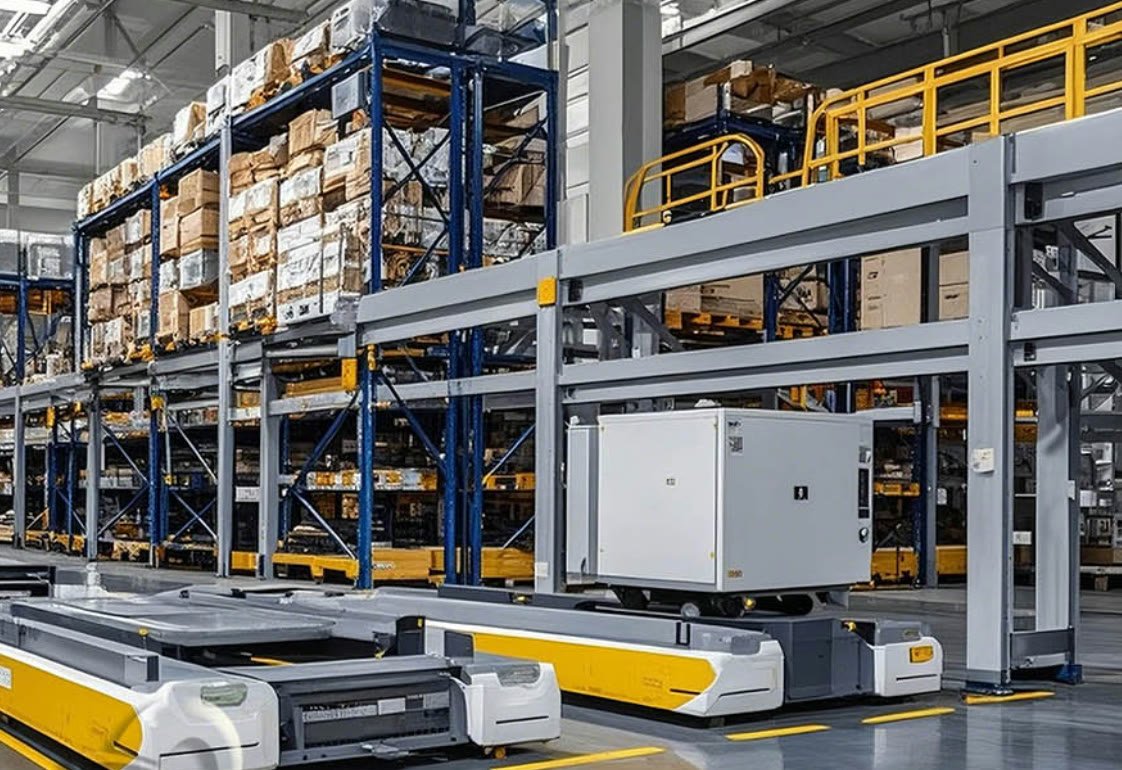 Automated guided vehicles working beneath pallet racking in a distribution centre
