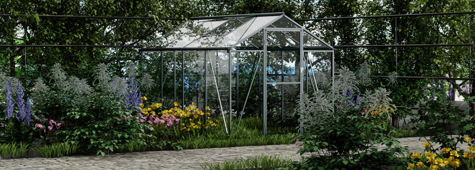 Aluminium greenhouse in a planted garden