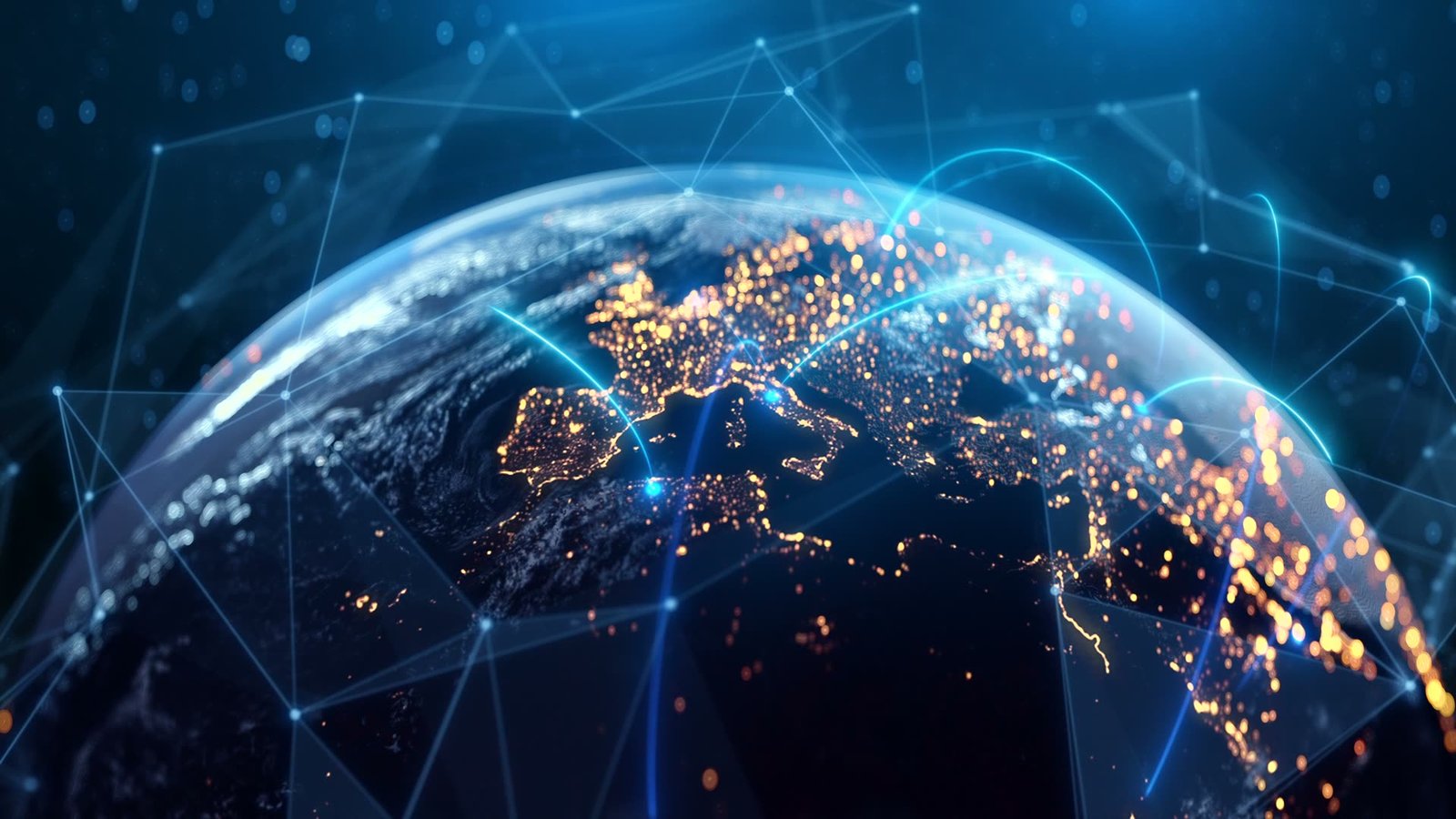 A globe at night, city lights linked by lines of moving data